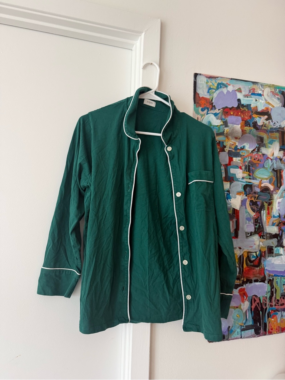 Jcrew soft modal PJ set Green Long-Sleeve Button Front Jacket with White Piping
